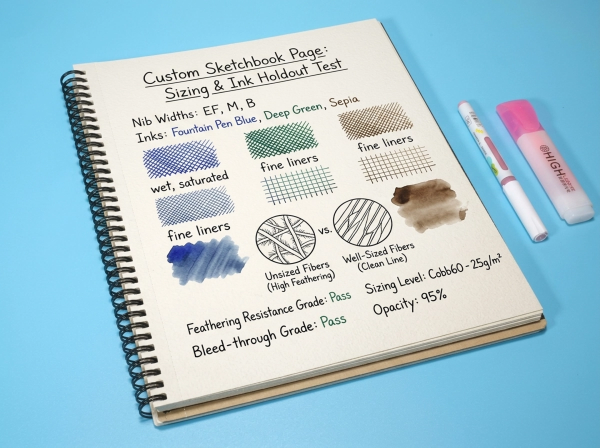 Paper quality testing showing fountain pen ink performance, surface sizing, and feathering resistance on custom sketchbook pages Paper quality testing showing fountain pen ink performance, surface sizing, and feathering resistance on custom sketchbook pages
